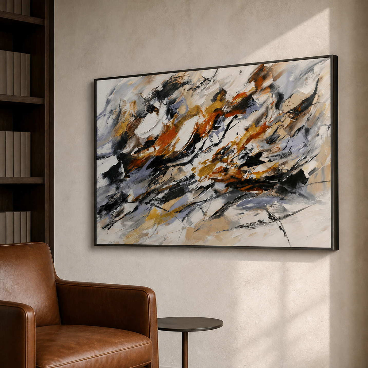 Textured contemporary abstract artwork displayed in a modern reading lounge.