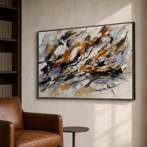 Textured contemporary abstract artwork displayed in a modern reading lounge.