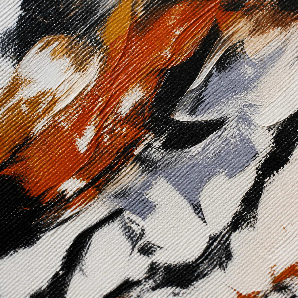 Close-up of black linework and layered rust, ochre, ivory, and gray canvas texture.