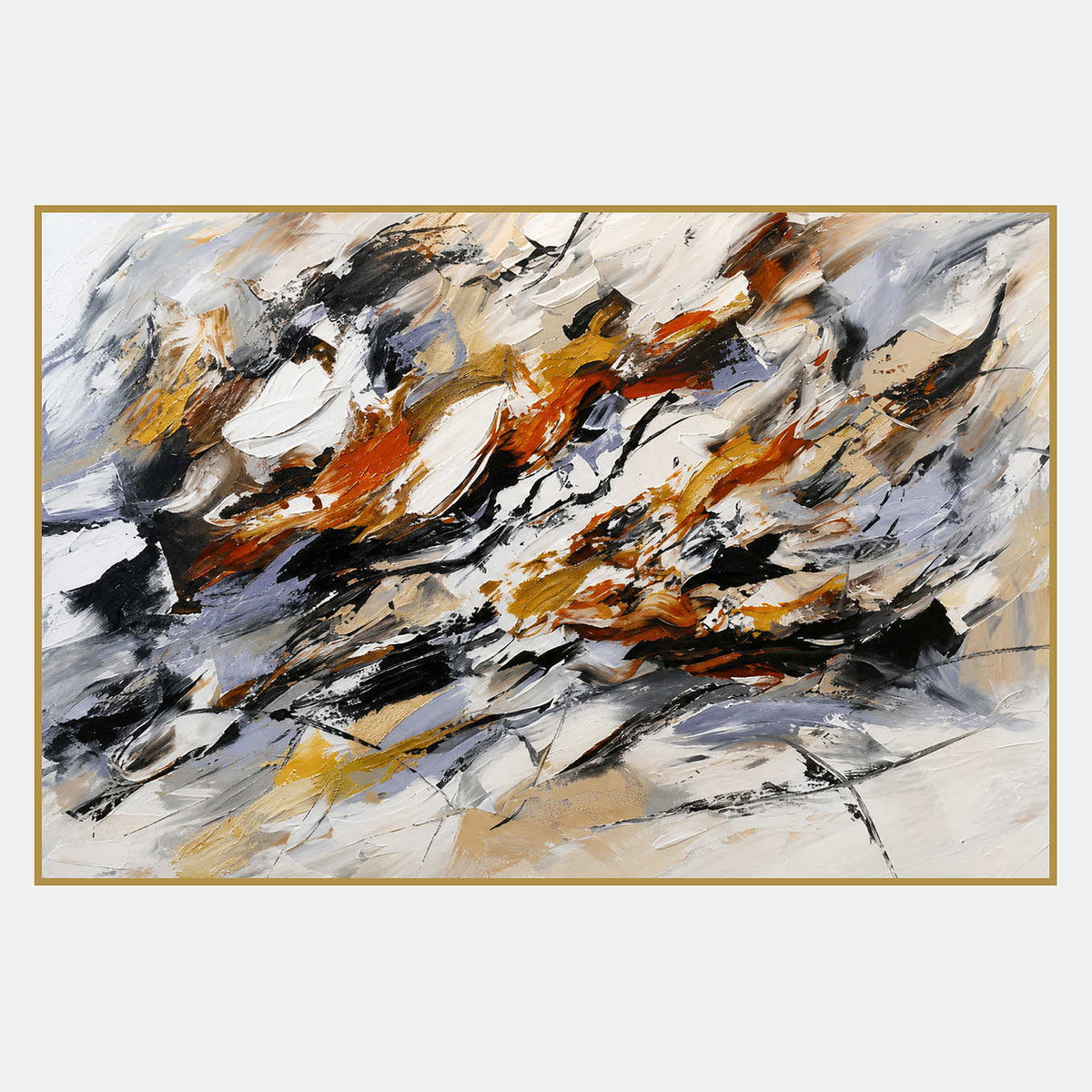 Hand-painted abstract artwork with black gestures and rust, ochre, ivory, and gray layers.