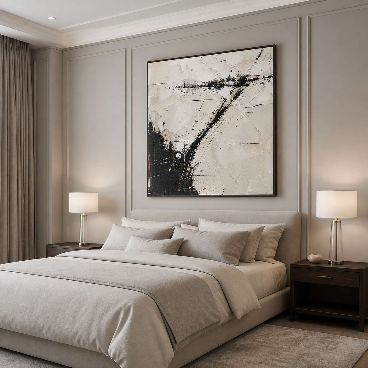 Modern monochrome wall art above a warm bedroom with a wood frame.