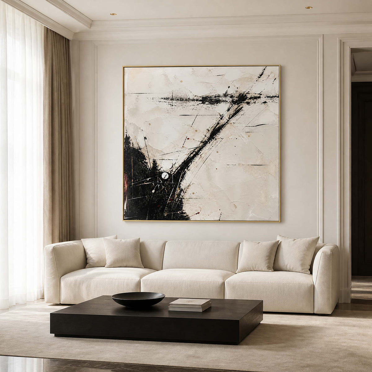 Textured black and ivory abstract wall art in a refined living room.