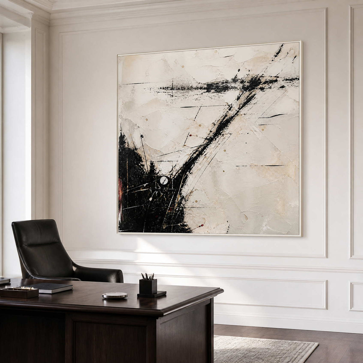 Textured modern wall art in a sophisticated office with a white frame.