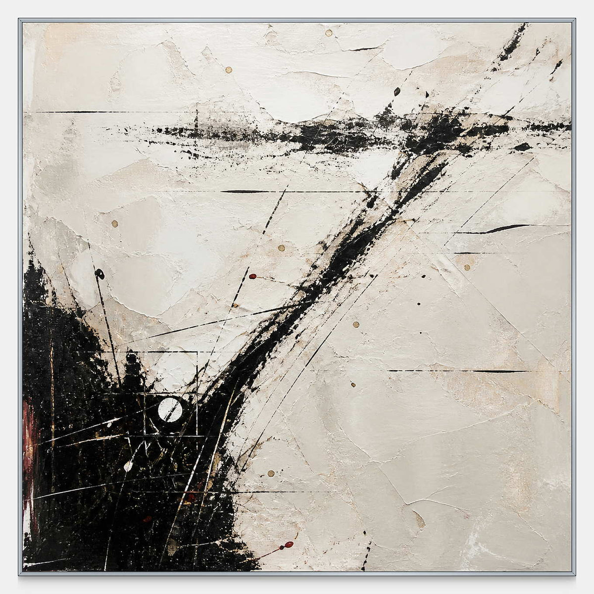 Hand-painted abstract wall art with sweeping black marks on layered ivory.