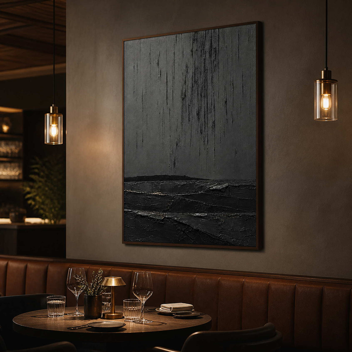 Black Wabi-Sabi wall art displayed in a warm boutique dining room.