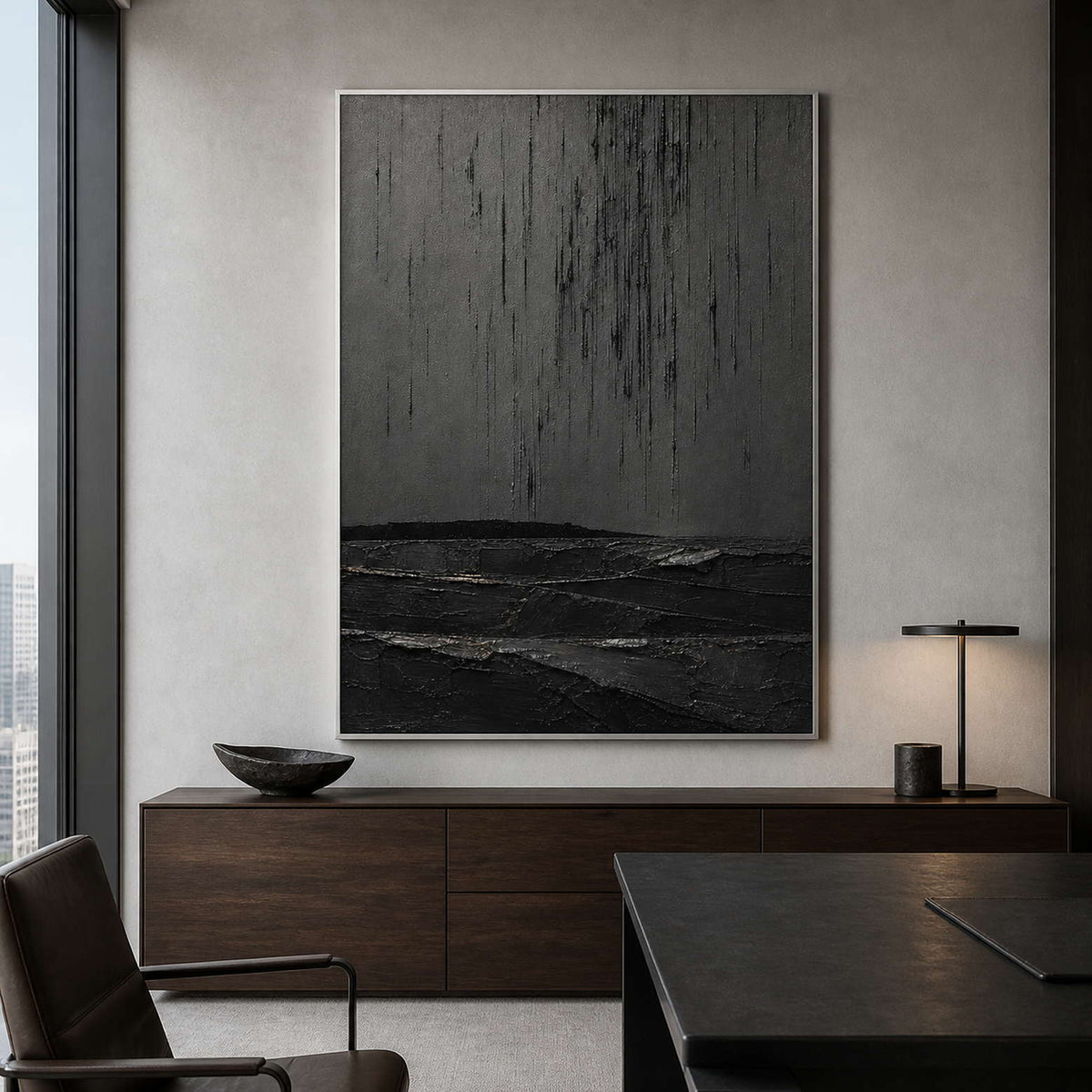 Monochrome abstract wall art displayed in a contemporary executive office.