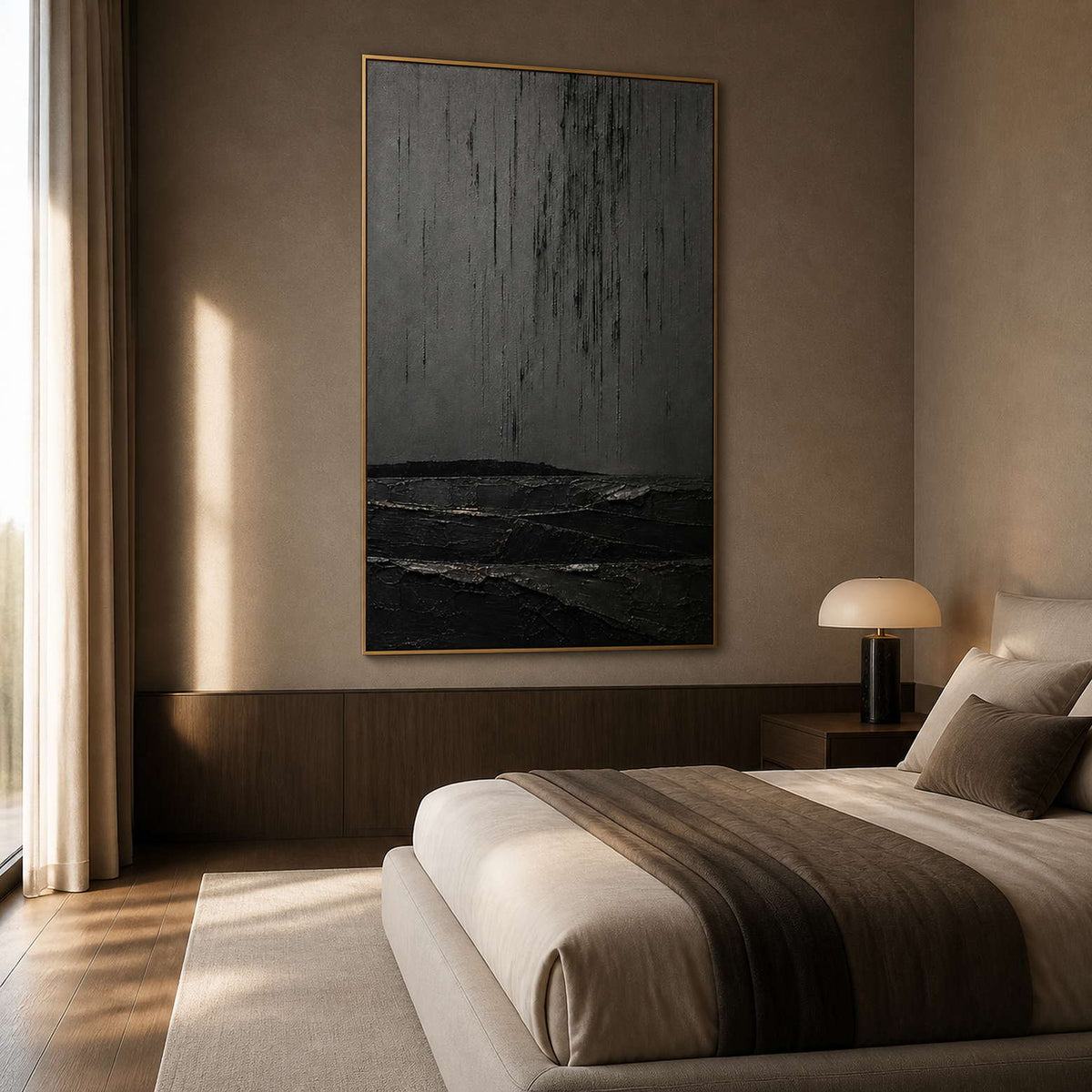 Vertical black abstract artwork displayed in a luxury primary bedroom.