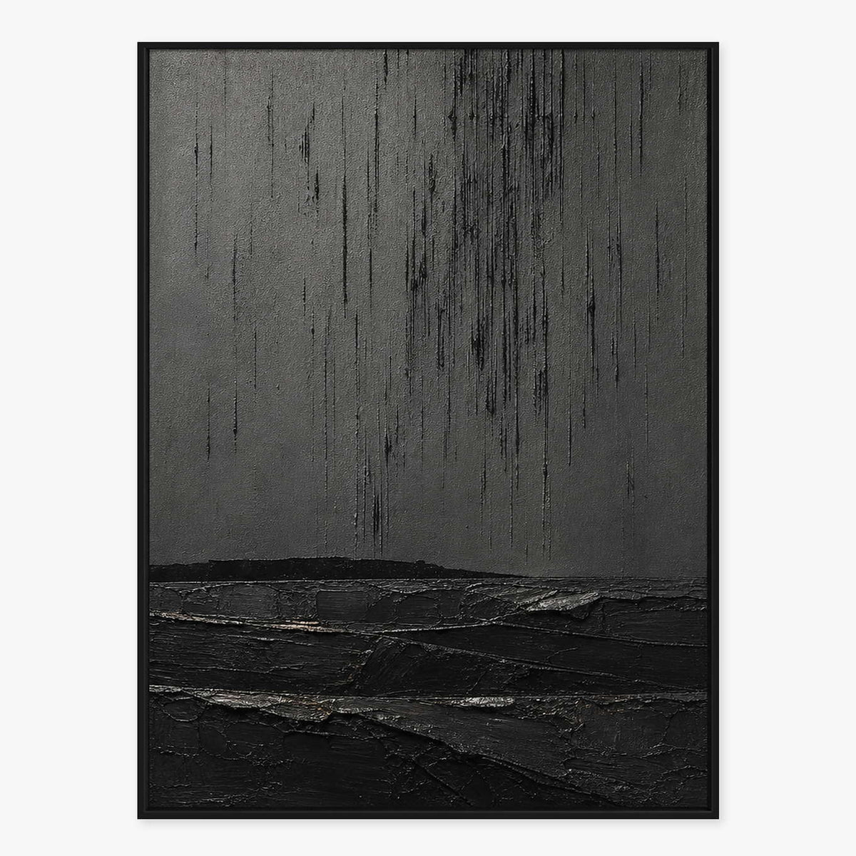 Charcoal rain marks descending over sculpted black terrain in a vertical composition.