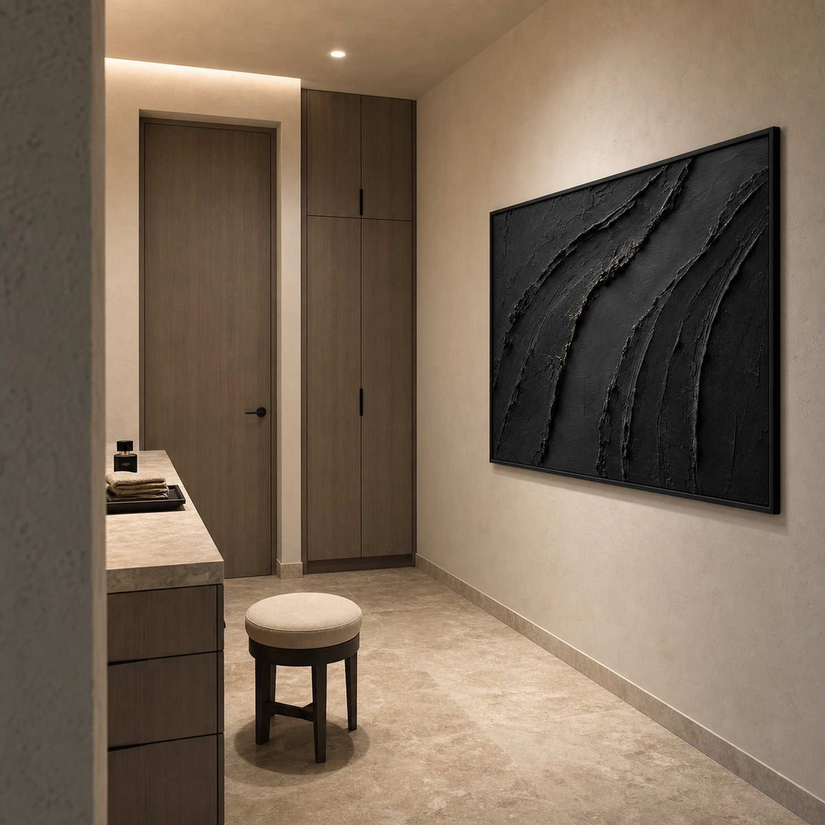 Textured Abstract Wall Art displayed in a refined bathroom.