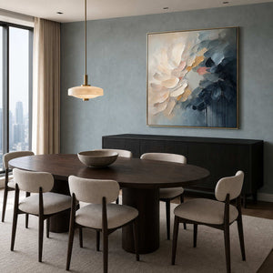 Blue and ivory textured floral wall art in a Toronto dining room.