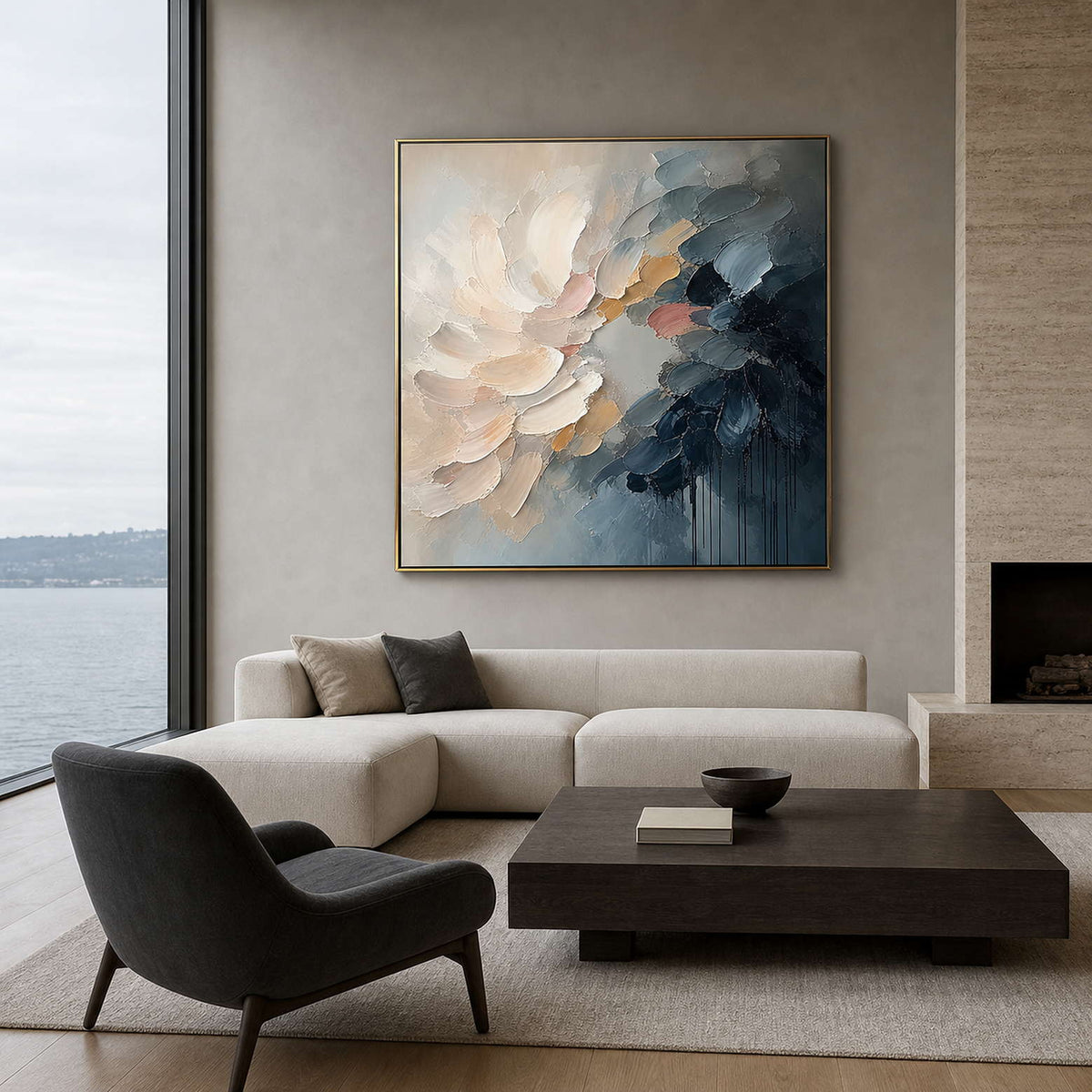 Textured floral wall art displayed in a Seattle waterfront living room.