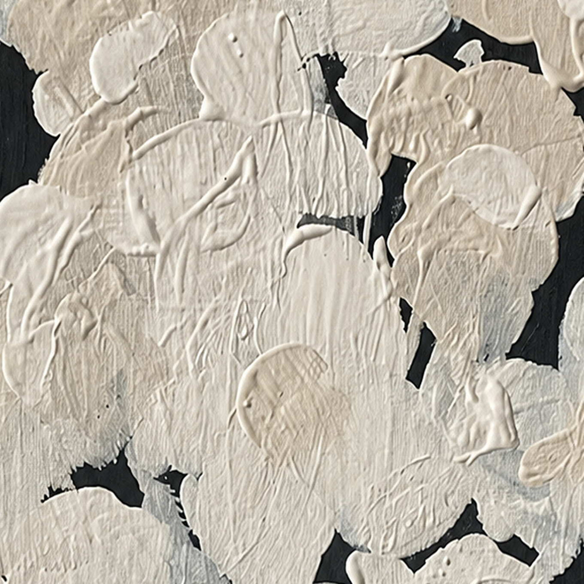 Close view of overlapping cream petals with raised strokes and fine grooves over black.