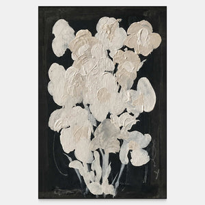 Vertical floral artwork with thick cream petals and fine stems against a dark background.
