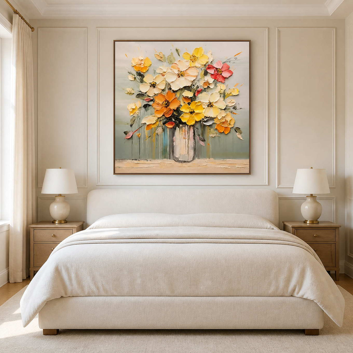 Wood framed warm floral painting above a cream bed between matching bedside lamps.