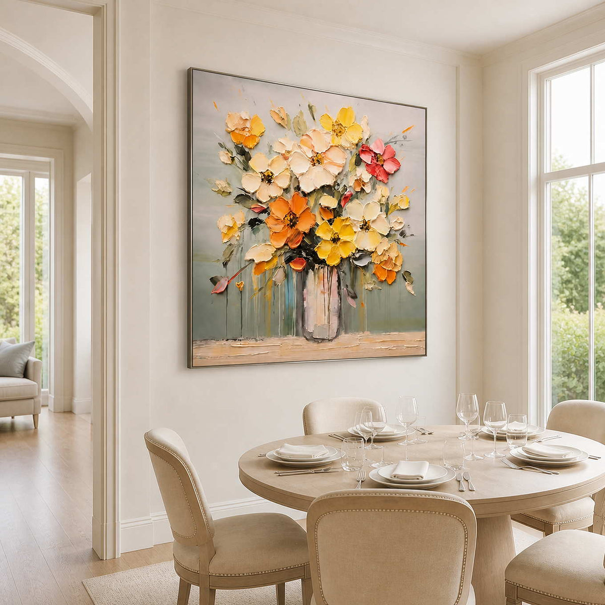 Silver framed floral painting beside a round dining table set with plates and glasses.