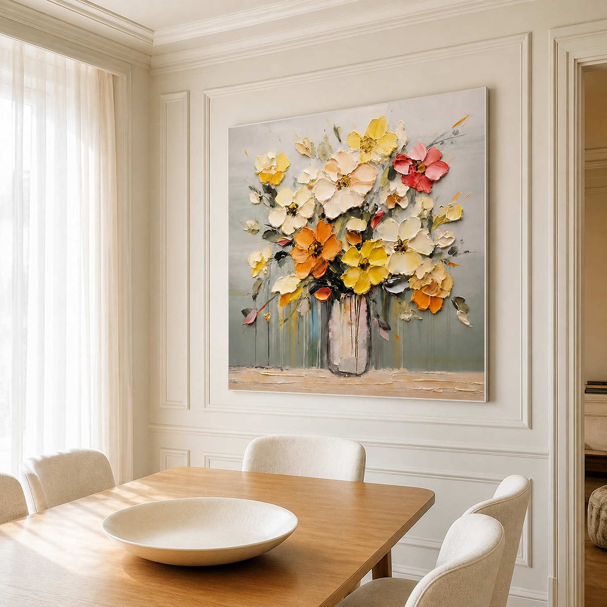 White framed floral canvas beside a wooden table in a softly lit dining room.