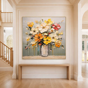 Gold framed textured floral painting above a slim wooden console beside an entryway staircase.