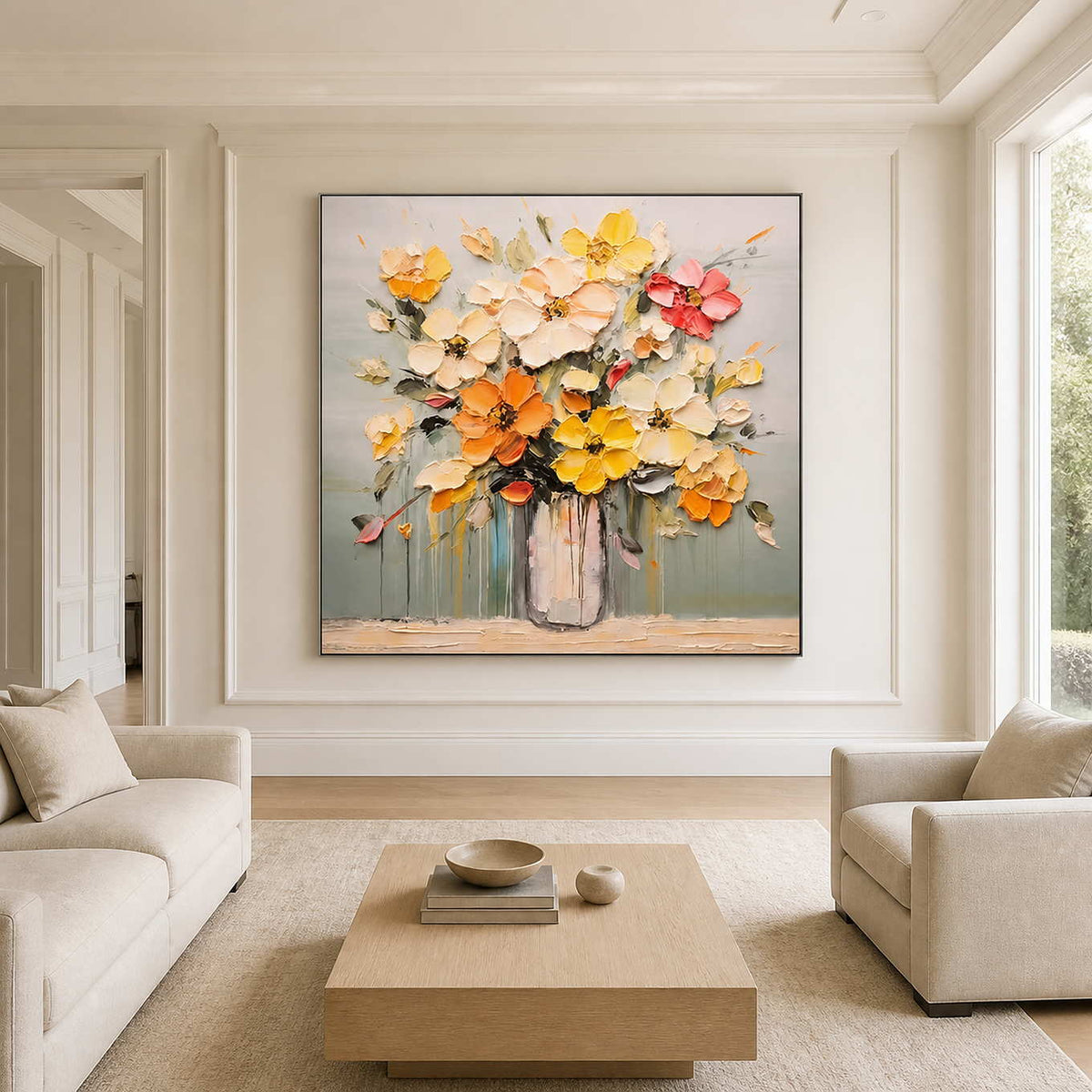 Black framed square floral painting between cream chairs in a bright neutral lounge.