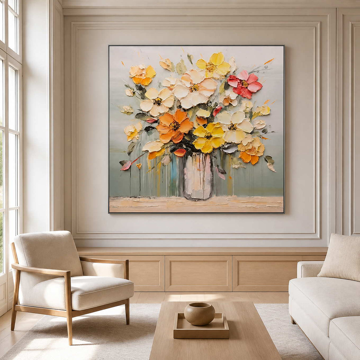 Black framed floral painting above wood paneling between two chairs in a sitting room.