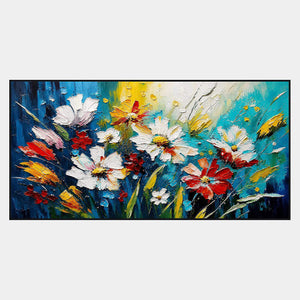 Hand-painted panoramic floral wall art in cobalt, turquoise, white, red, and yellow.