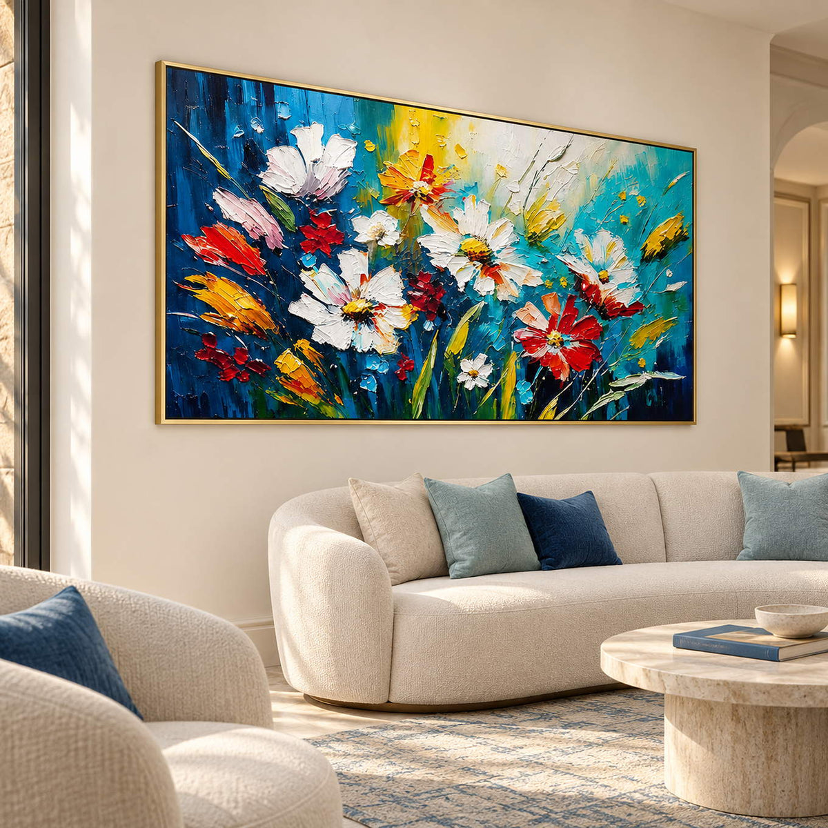 Hand-painted panoramic floral wall art in cobalt, turquoise, white, red, and yellow, displayed in a hotel lounge in a gold frame.