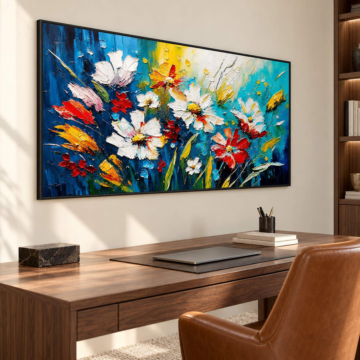 Hand-painted panoramic floral wall art in cobalt, turquoise, white, red, and yellow, displayed in a study in a black frame.