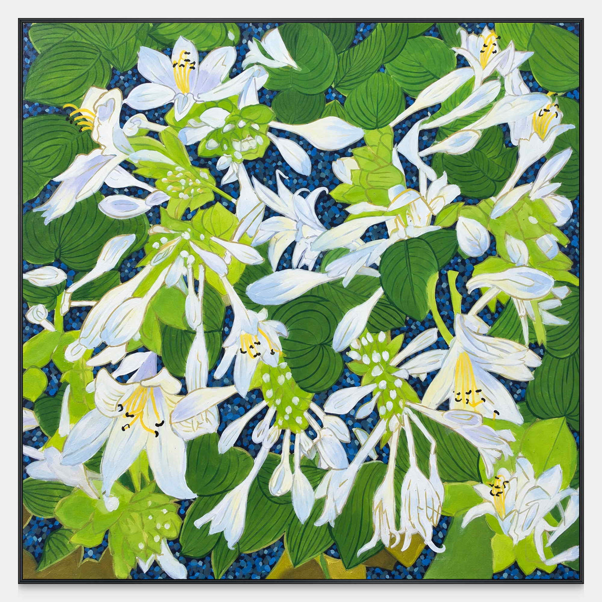 Front view of white flowers and broad green leaves over a deep blue ground, with a black frame.