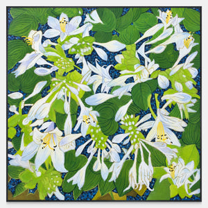 Front view of white flowers and broad green leaves over a deep blue ground, with a black frame.