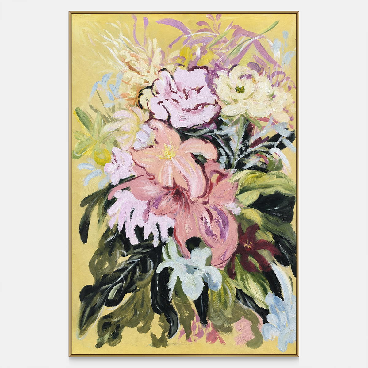 Front view of large pink and cream flowers with dark green leaves on a warm yellow ground, with a gold-colored frame.