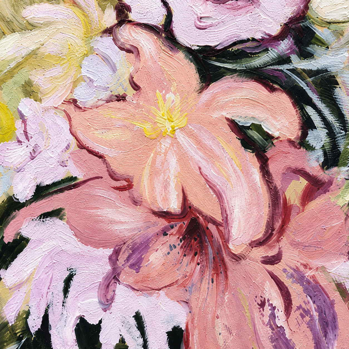 Close-up of overlapping pink petals, yellow stamens and dark leaf edges.