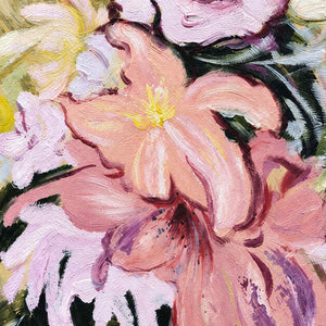Close-up of overlapping pink petals, yellow stamens and dark leaf edges.