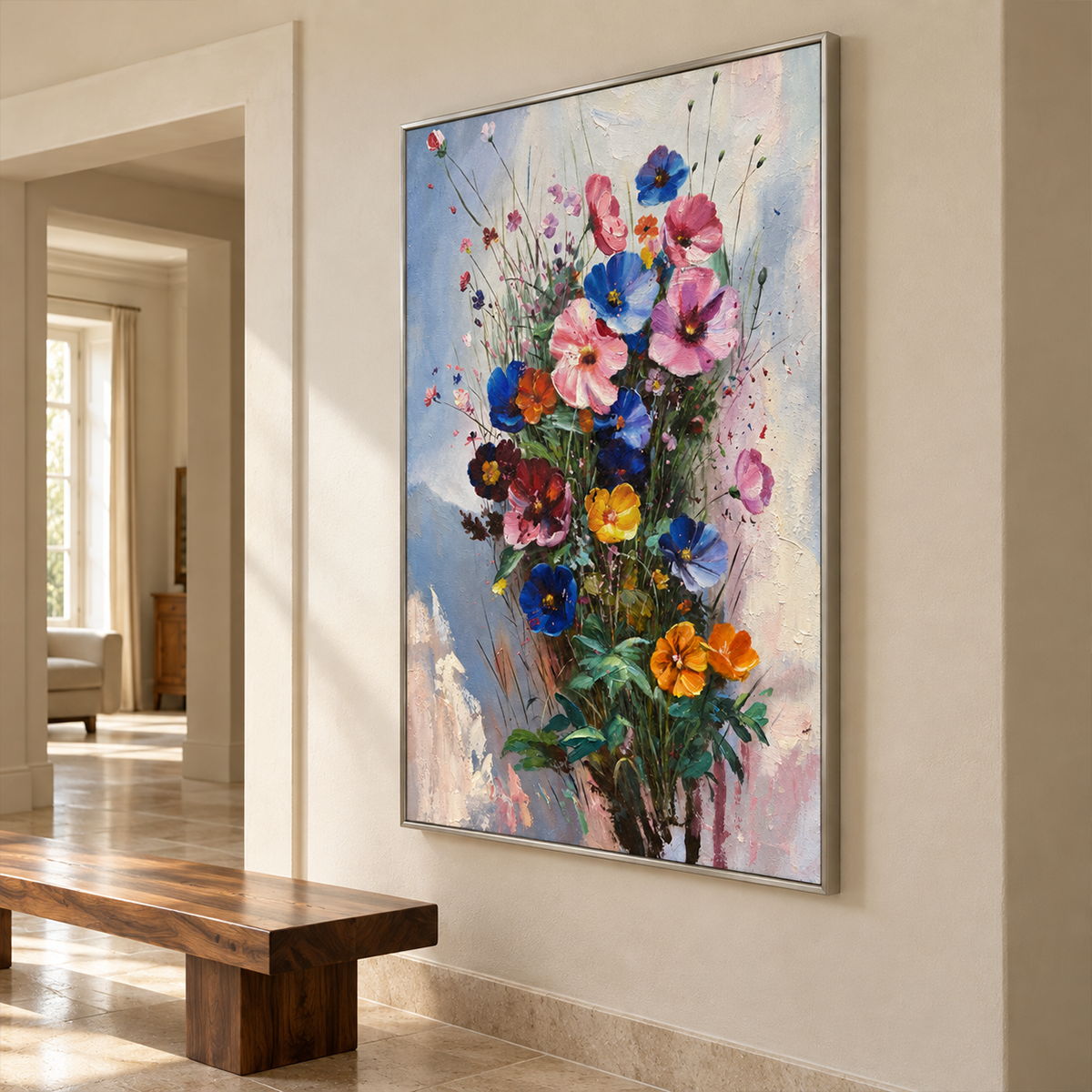 Artwork showing pink, blue and orange flowers on fine stems with dark green leaves against pale blue in a hallway above a bench, with a silver-colored frame.