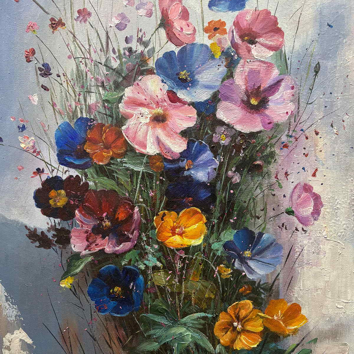 Detail of pink and blue flowers, fine stems and scattered buds.