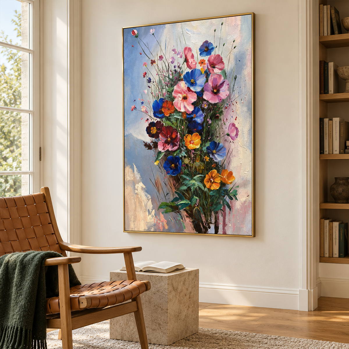 Pink, blue and orange flowers on fine stems with dark green leaves against pale blue in an artwork with a gold-colored frame, displayed beside a reading chair.