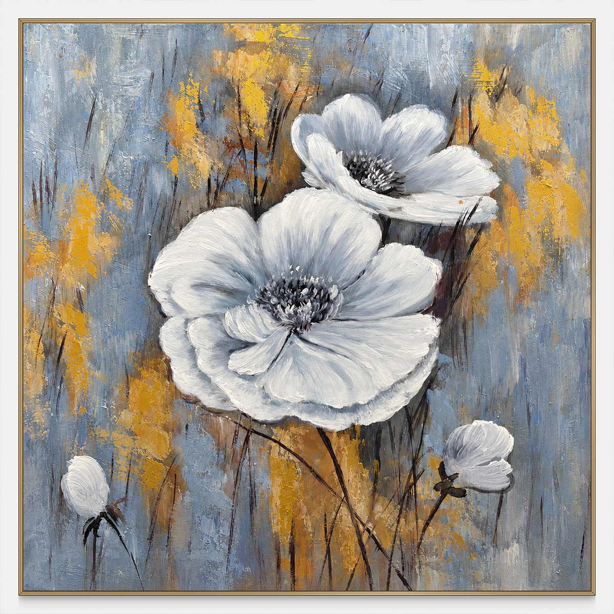 Front view of two large white flowers and small buds on a blue-gray ground with ochre marks, with a gold-colored frame.