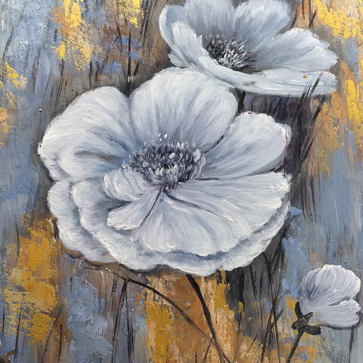 Detail of two white blooms, slender dark stems and a small bud against ochre and blue gray.