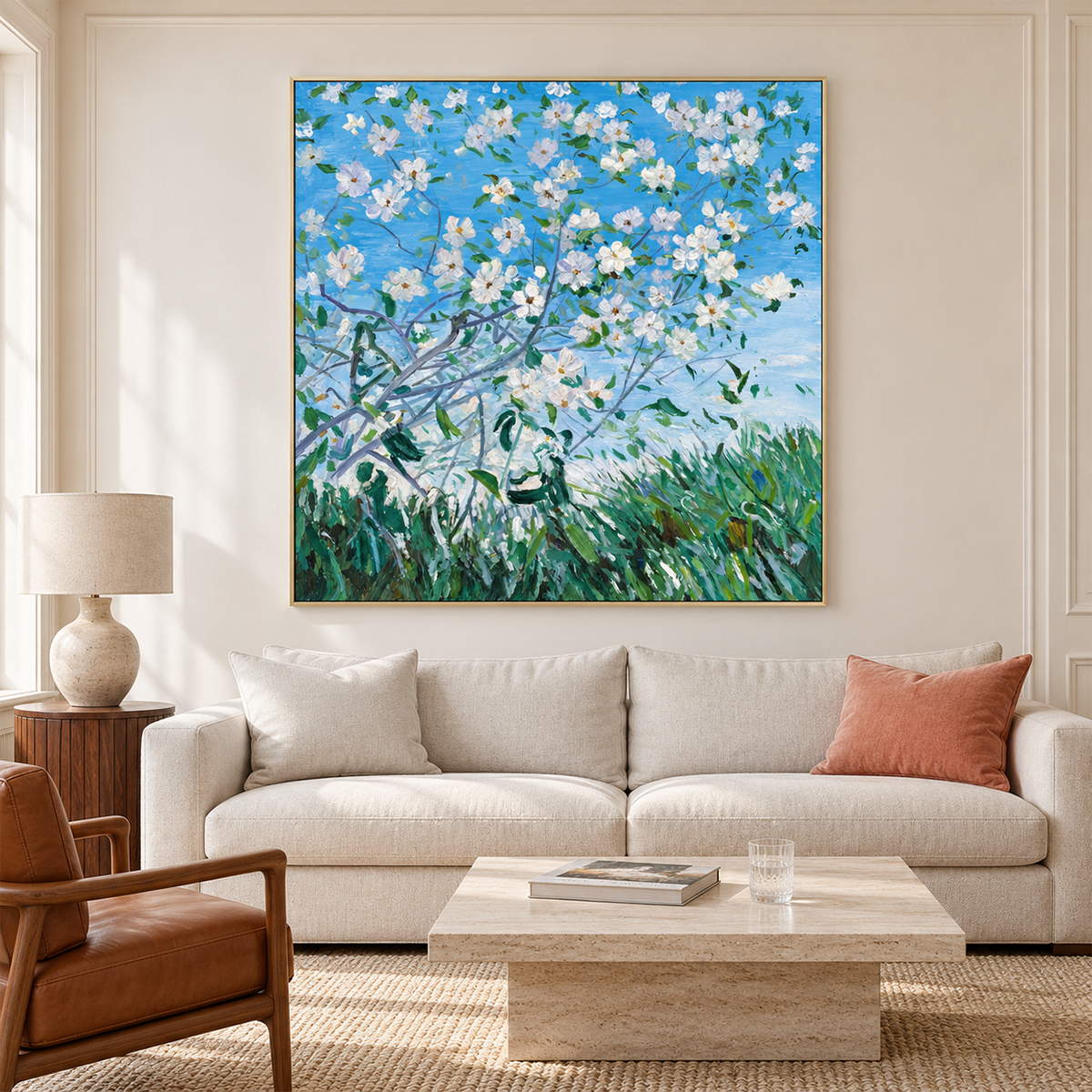 Artwork showing white flowering branches against blue sky above green grass in a living room above seating, with a gold-colored frame.