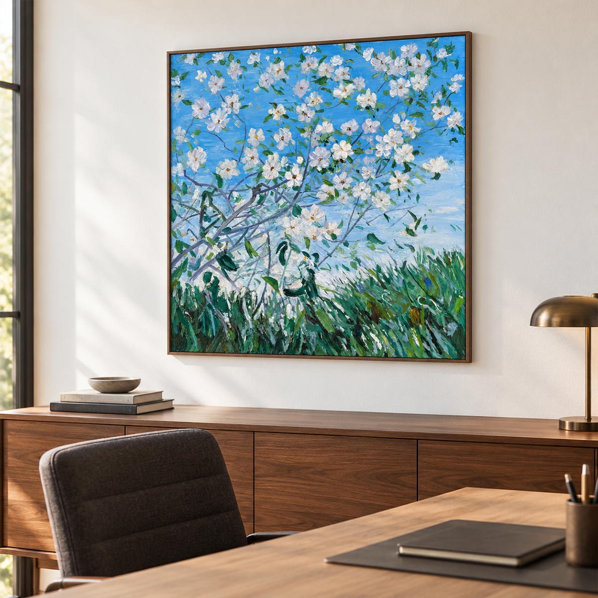 Artwork showing white flowering branches against blue sky above green grass in a study with a desk, with a brown wood-look frame.