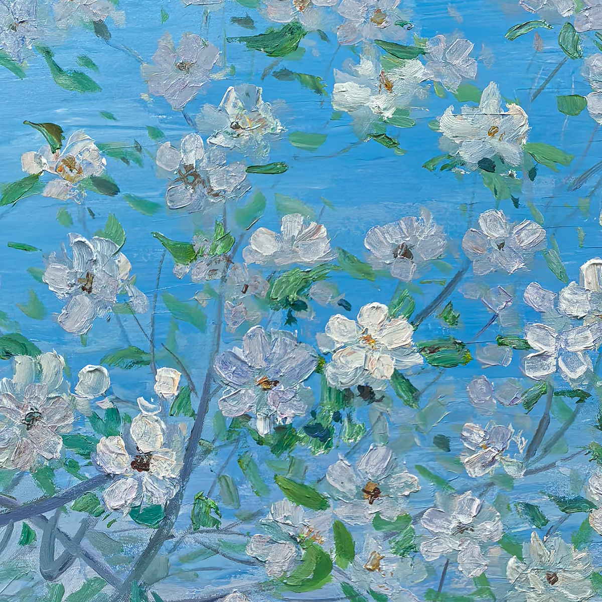 Close-up of white blossoms and small green leaves against blue, with short raised brush marks.