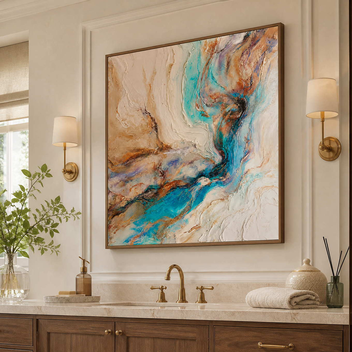 Wood framed turquoise abstract artwork above a bathroom vanity with brass taps.