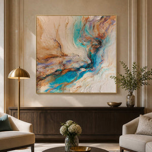 Gold framed turquoise abstract artwork above a hotel lobby sideboard between lounge chairs.