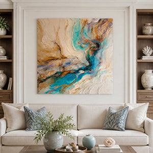 Frameless turquoise abstract artwork above a cream sofa with blue patterned cushions.