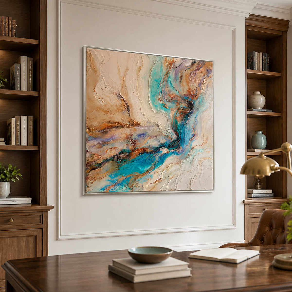 Silver framed turquoise abstract artwork above a wooden desk between tall bookshelves.