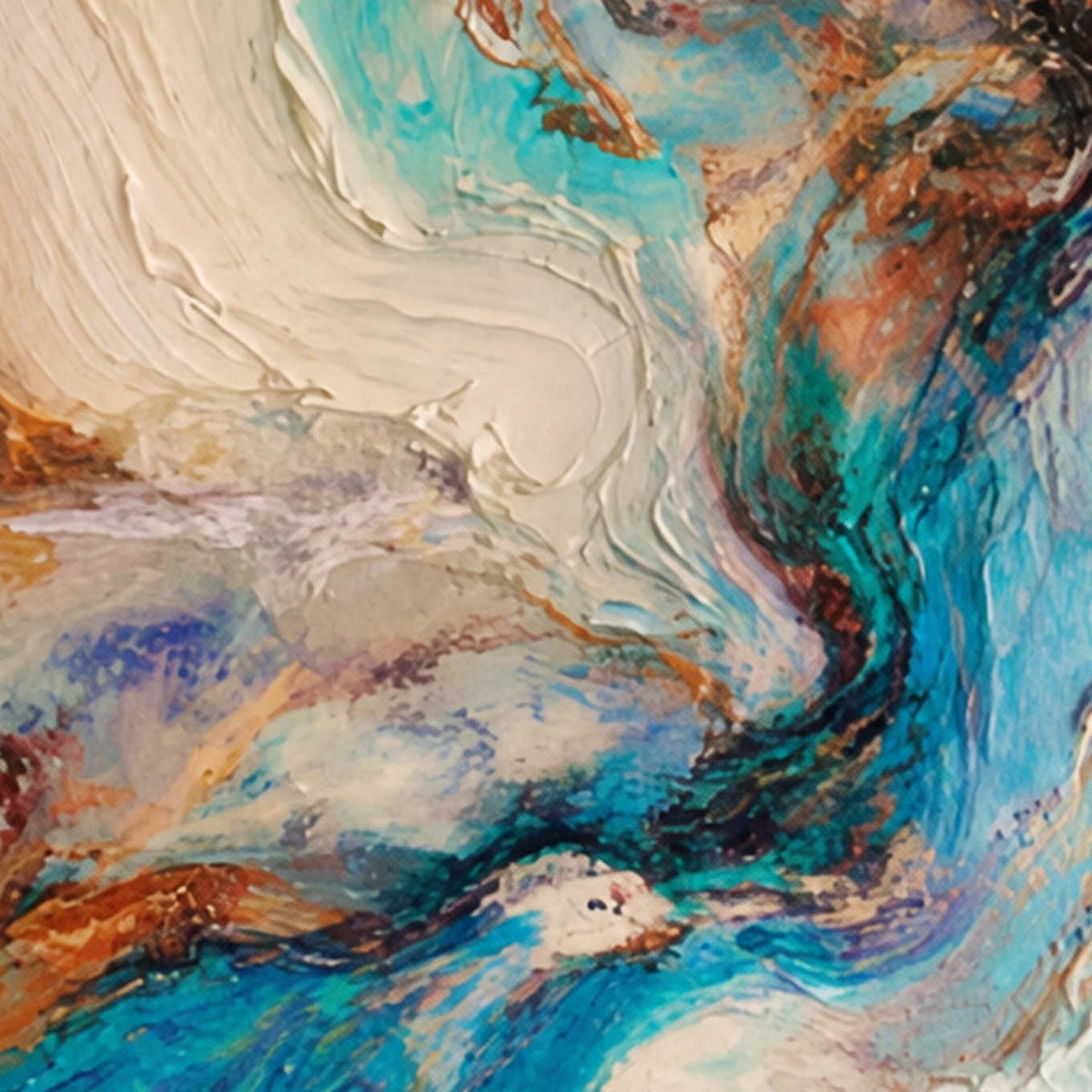 Close view of raised cream ridges meeting turquoise swirls with rust and violet traces.