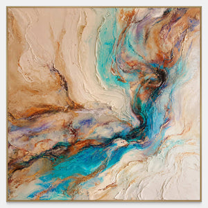Square abstract artwork with turquoise currents, cream texture, peach fields, and rust accents.