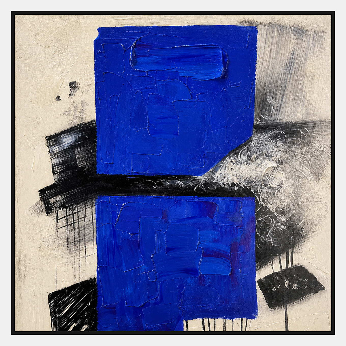Square cobalt blue, black, and ivory textured abstract painting.