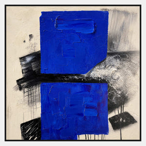 Square cobalt blue, black, and ivory textured abstract painting.