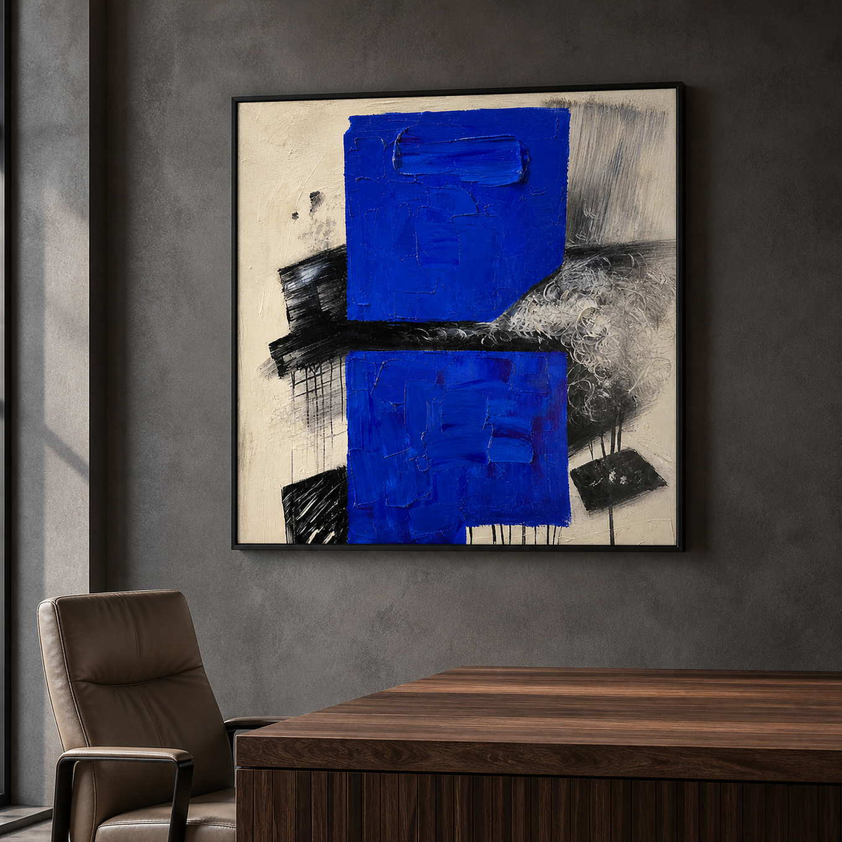 Bold blue and black abstract wall art in a modern executive office.