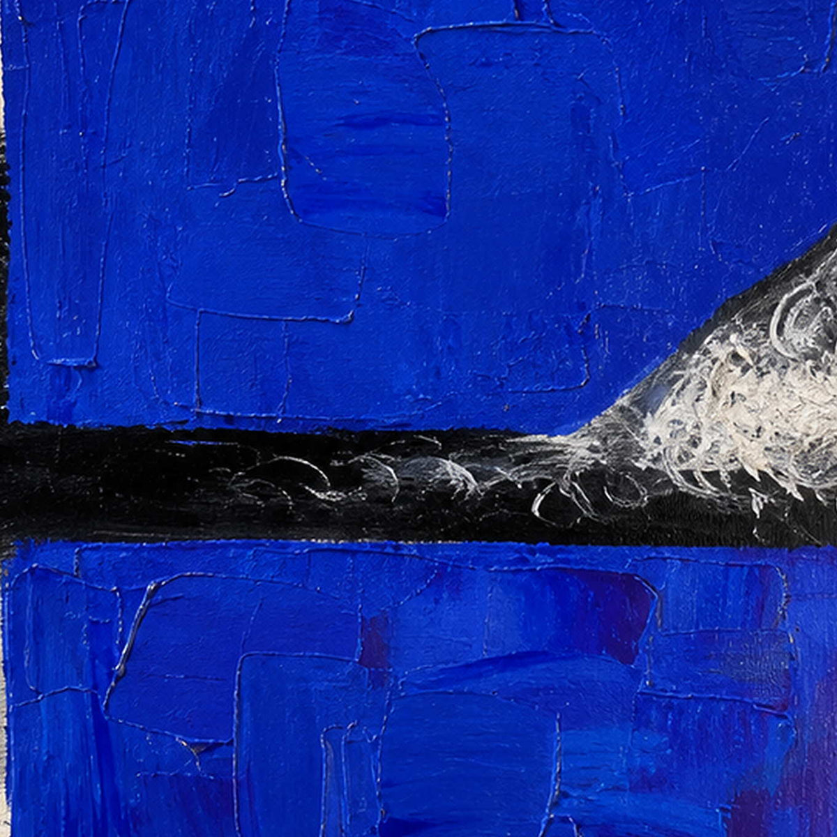 Close-up of raised cobalt paint and black-and-white gestural marks.
