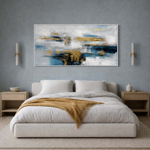 Modern Abstract Wall Art displayed in a refined bedroom.
